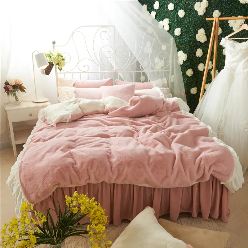 

Korean Style Pink White Soft Fleece Fabric Girls Bedding set Flannel Velvet Duvet Cover Bed Skirt Bed Sheet/Linen Pillowcases