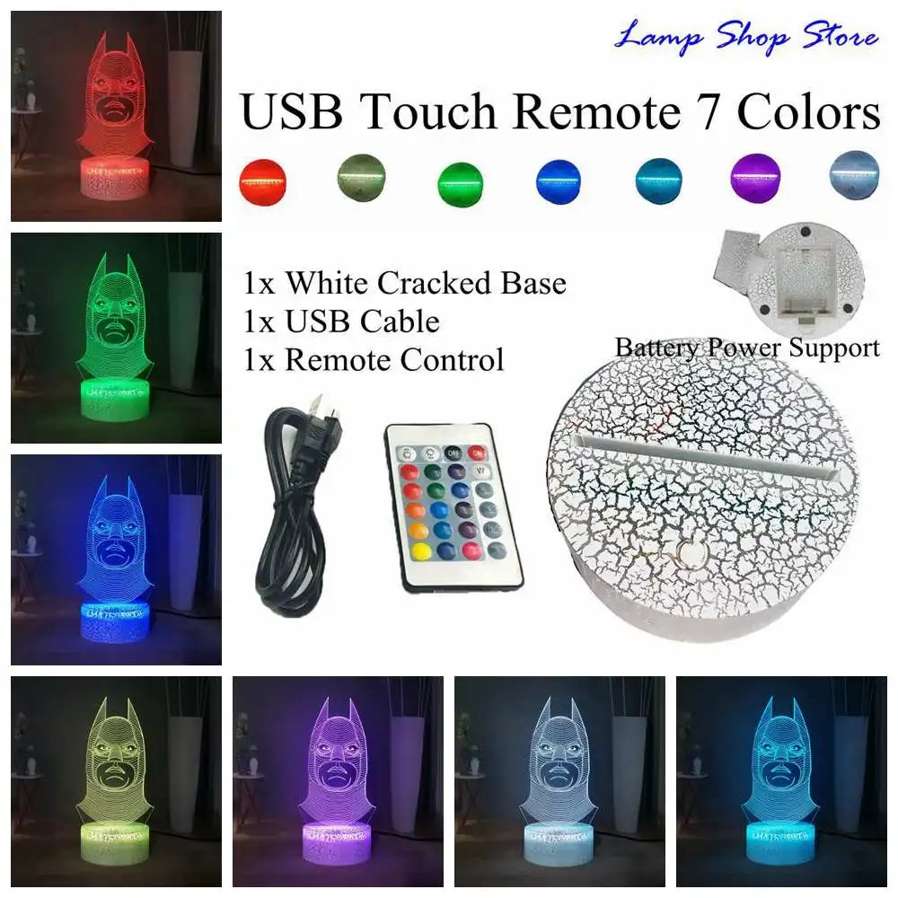 USB Remote 7 Color Голова Бэтмена 3D визуальная Таблица лампа праздничные декоративные светильники подарок Бэтмен навсегда DC комиксы Marvel супергерой светодиодный ночник для детей - Испускаемый цвет: USB Remote 7 Color