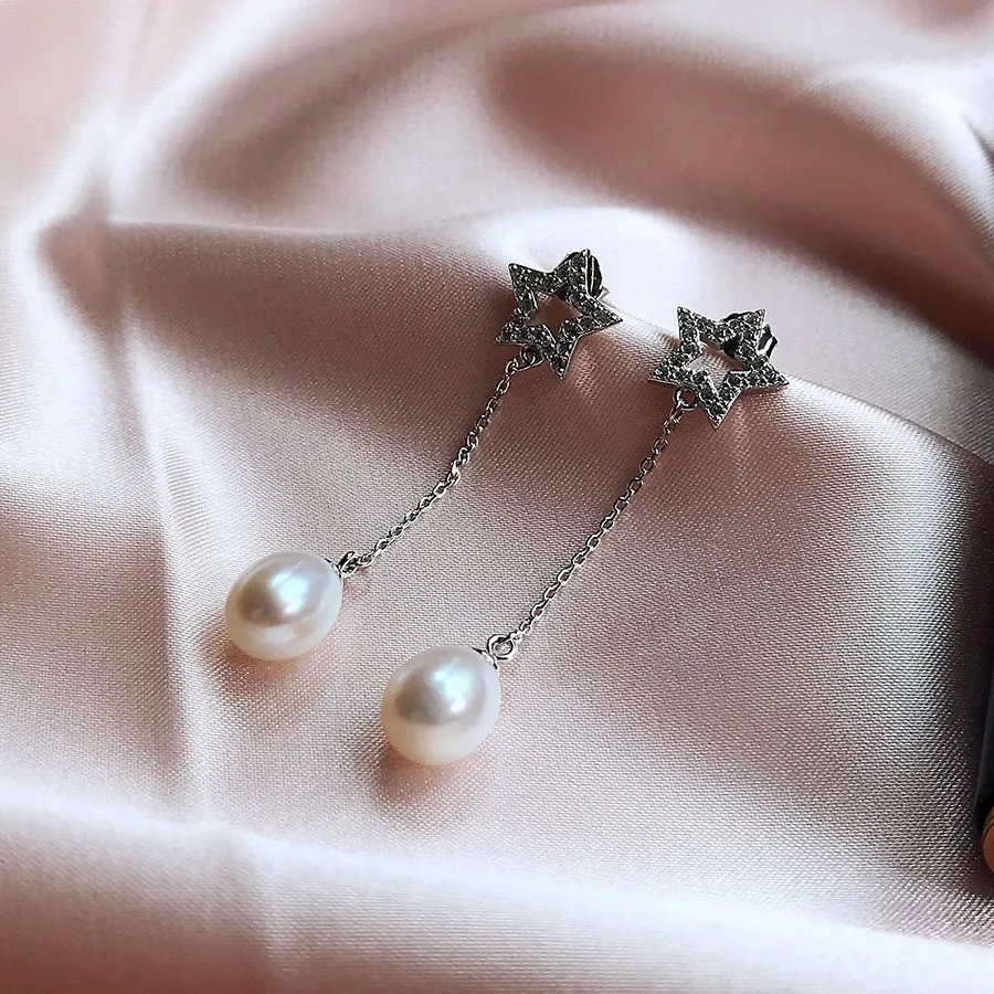 

Fashion Zircon Solid Silver Pentagram White Natural Freshwater Pearl Drop Earrings For Women 925 Sterling Silver Long Earring