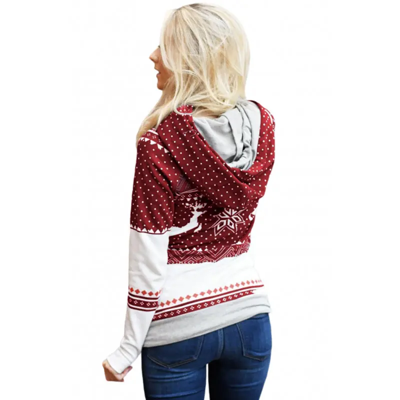 Snowflake Reindeer Print Hooded Sweater Christmas Autumn Pocket Thumb Hole Long Sleeve Double Layer Sweatshirt Women Clothes Top (3)