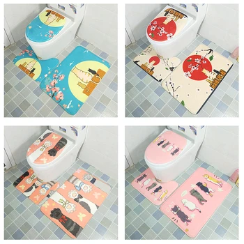 

3Pcs Bath Mats Cartoon Pattern Anti Slip Toilet Carpet Bathroom Mat Flannel Toilet Mat Washable Bathroom Toilet Rugs