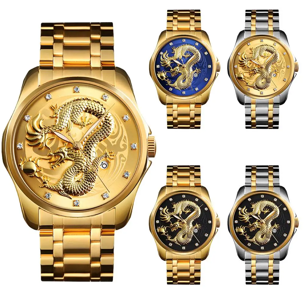 

2019 Men 3D Embossed Dragon Calendar Luminous Stainless Steel Band Quartz Watch