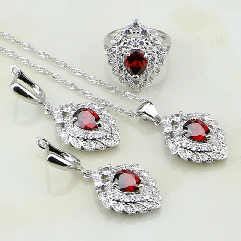 

925 Sterling Silver Bridal Jewelry Red Garnet White Stones Costume Jewelry Sets For Women Wedding Earring/Pendant/Necklace/Ring