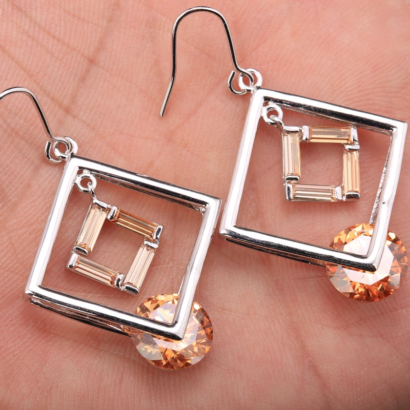 

Candy Square Shape Rounds Orange Champagne Gems 925 Sterling Silver Zirconia Drop Dangle Earring S5659