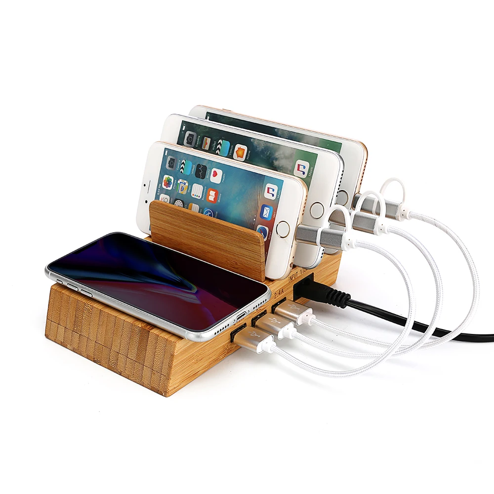 

Natural Bamboo USB Charging Station with 10W wireless charging pad,3 USB Docking Station Multi Port Desktop Organizer