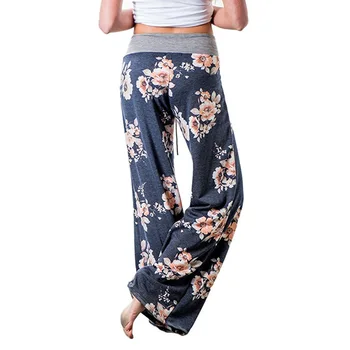 

High quality New Plus Size Women Pants Loose Floral Blue Print Drawstring Casual Pants Female Trousers Long Fashion Sweatpants