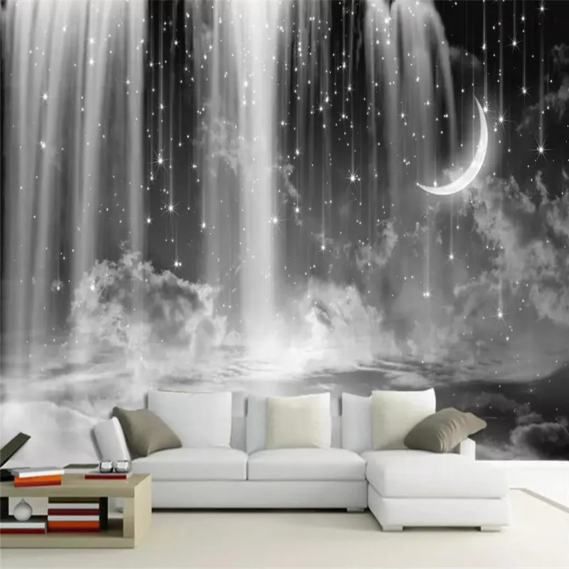 Black and white waterfall starry sky background professional production mural wholesale wallpaper mural poster photo wall Black and white waterfall starry sky background professional production mural wholesale wallpaper mural poster photo wall