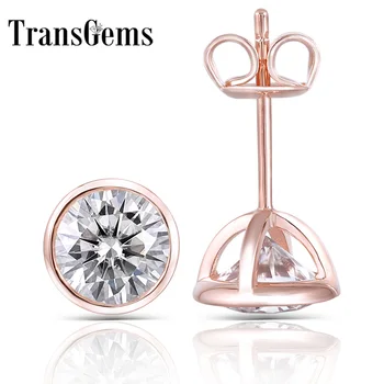 

TransGems Solid 14K Rose Gold Main 2CTW 6.5MM F Color Moissanite Stud Earrings Bezel Setting Push Back Earrings for Women