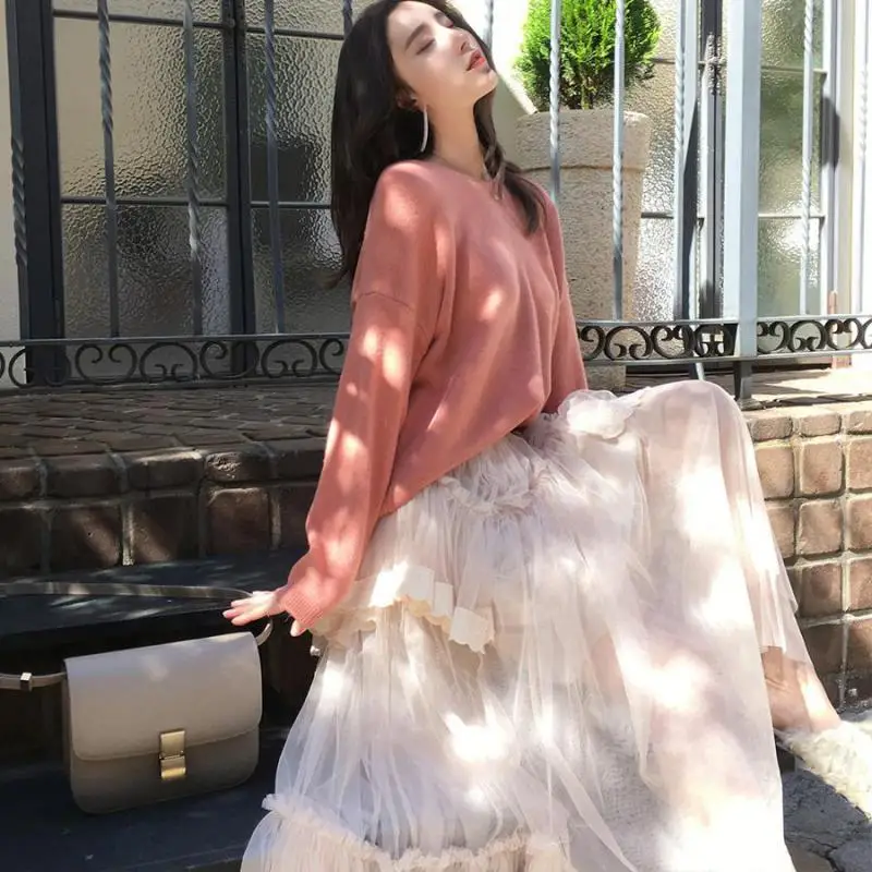 

2019 Spring New Arrival Sweet Fairy High Waist Skirt Slim Princess Irregular Skirt Lace Stitching Tulle Skirt Free Shipping