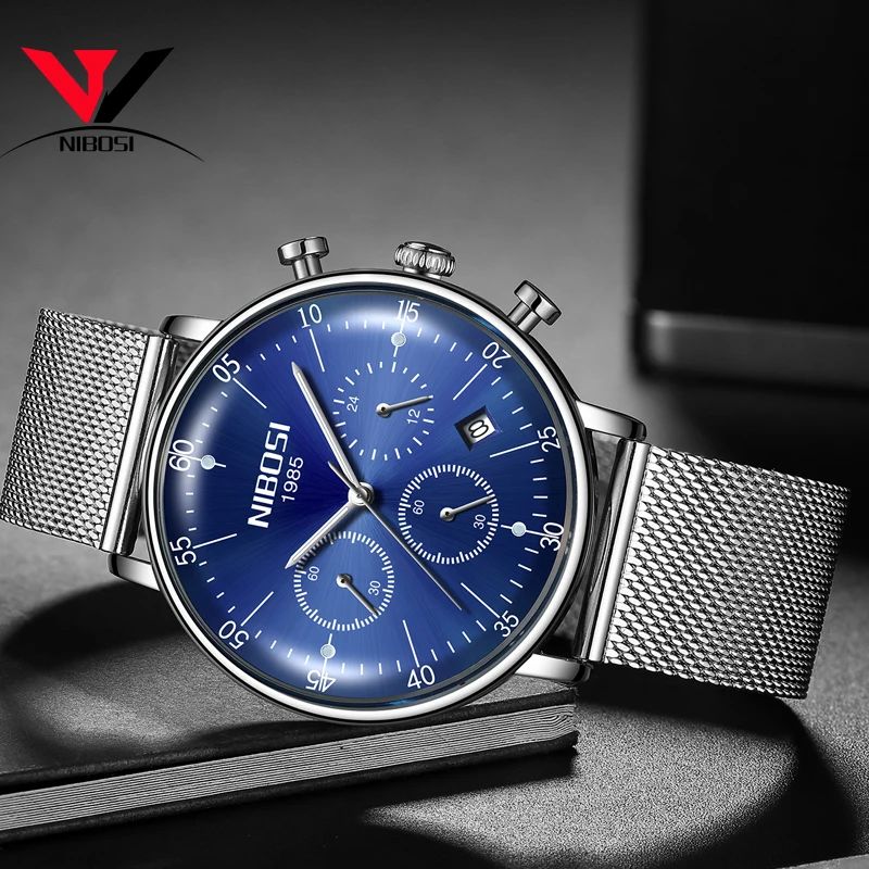 

NIBOSI Watches Men Luxury Thin Design Blue Stainless Steel Watch Male Waterproof Chronograph Mens Watches Relogio Masculino
