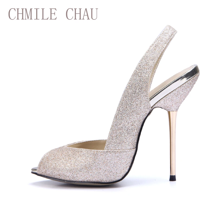 

CHMILE CHAU Glitter Sexy Women Bridal Pumps Peep Toe Stiletto Iron High Heel Slingback Lady Shoe Escarpins Talons Femmes 3845-g9