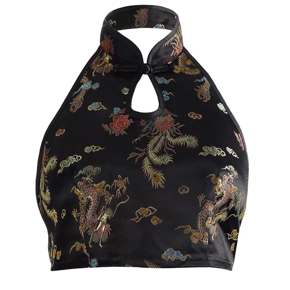 Женский винтажный укороченный топ с вышивкой Cheongsam на шнурках бретелькой через
