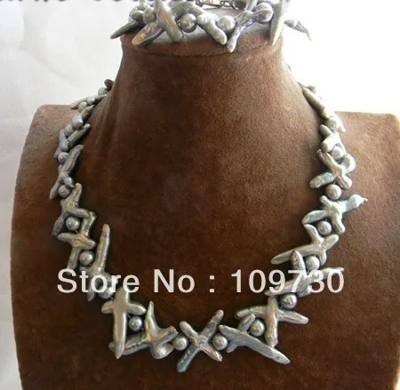 

Jewelry 00477 Gray Baroque Round Freshwater Pearl Necklace Bracelet Set
