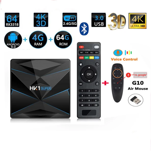 HK1 супер Android 9,0 google tv box RK3318 4K 3d Поддержка bluetooth опционально 5g wifi и голосовая воздушная мышь Netflix box youtube rk3318 - Цвет: 4G 64G G10