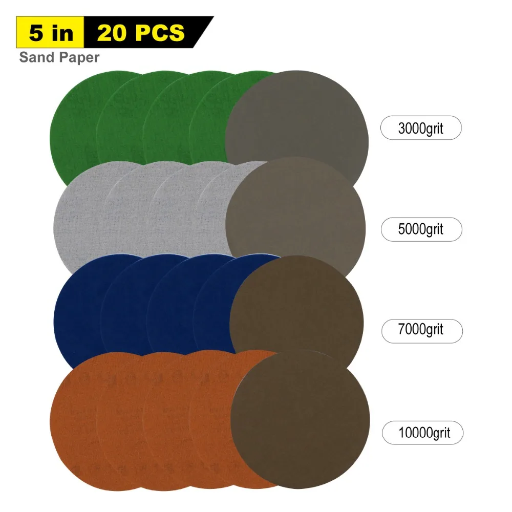

20PCS 5Inch 125MM Hook and Loop Wet Dry Sandpaper Silicon Carbide 3000/5000/7000/10000 Assorted Grits
