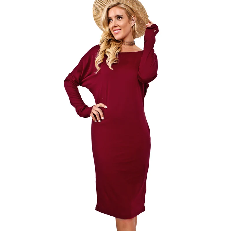 winter dress women O neck long batwing sleeve knitted dress plus size red black grey knee