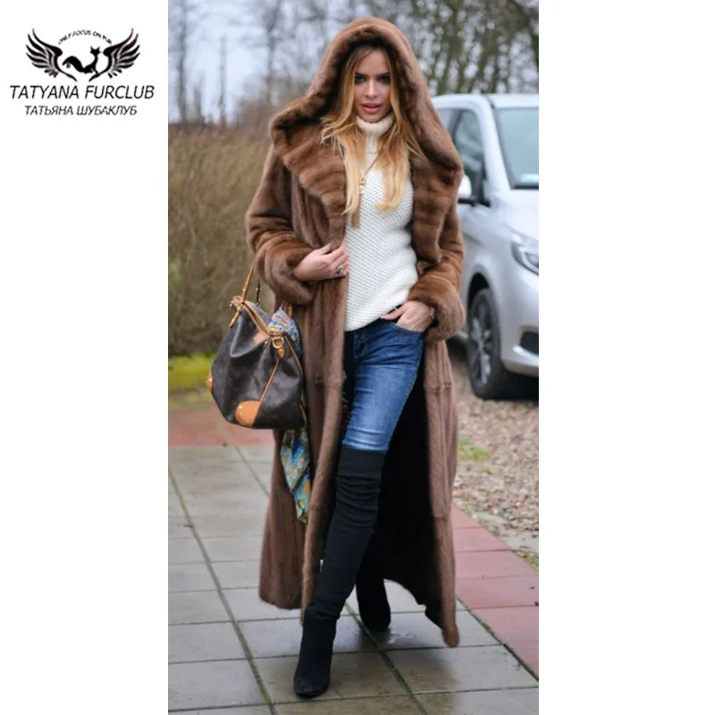 Tatyana Furclub норковая шуба X-Long Robe полный натуральный мех норки Мода тонкий мех Пелт пояса для пальто Роскошные женские норковые шубы
