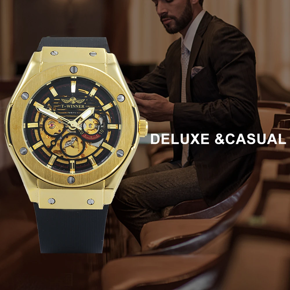 رفاهية رجل ساعات آلية ساعة بحزام مطّاطي الذكور التلقائي الهيكل العظمي T-WINNER ساعة اليد مضيئة الأيدي عيد الميلاد هدية للذكور
