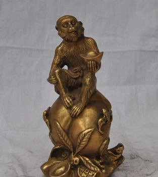 

Free shipping 6" chinese Folk fengshui brass copper yuanbao Monkey Peaches Money wealth statue