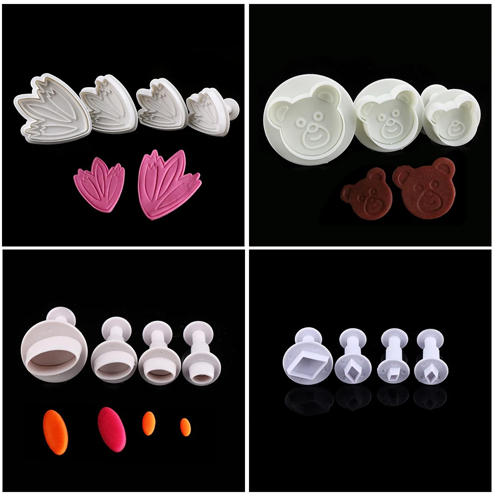 

4pcs White Oval Tulip Bear Sugar Craft Fondant Cake Mold Decorating Tools Cookie Cutters DIY Baking Accessories