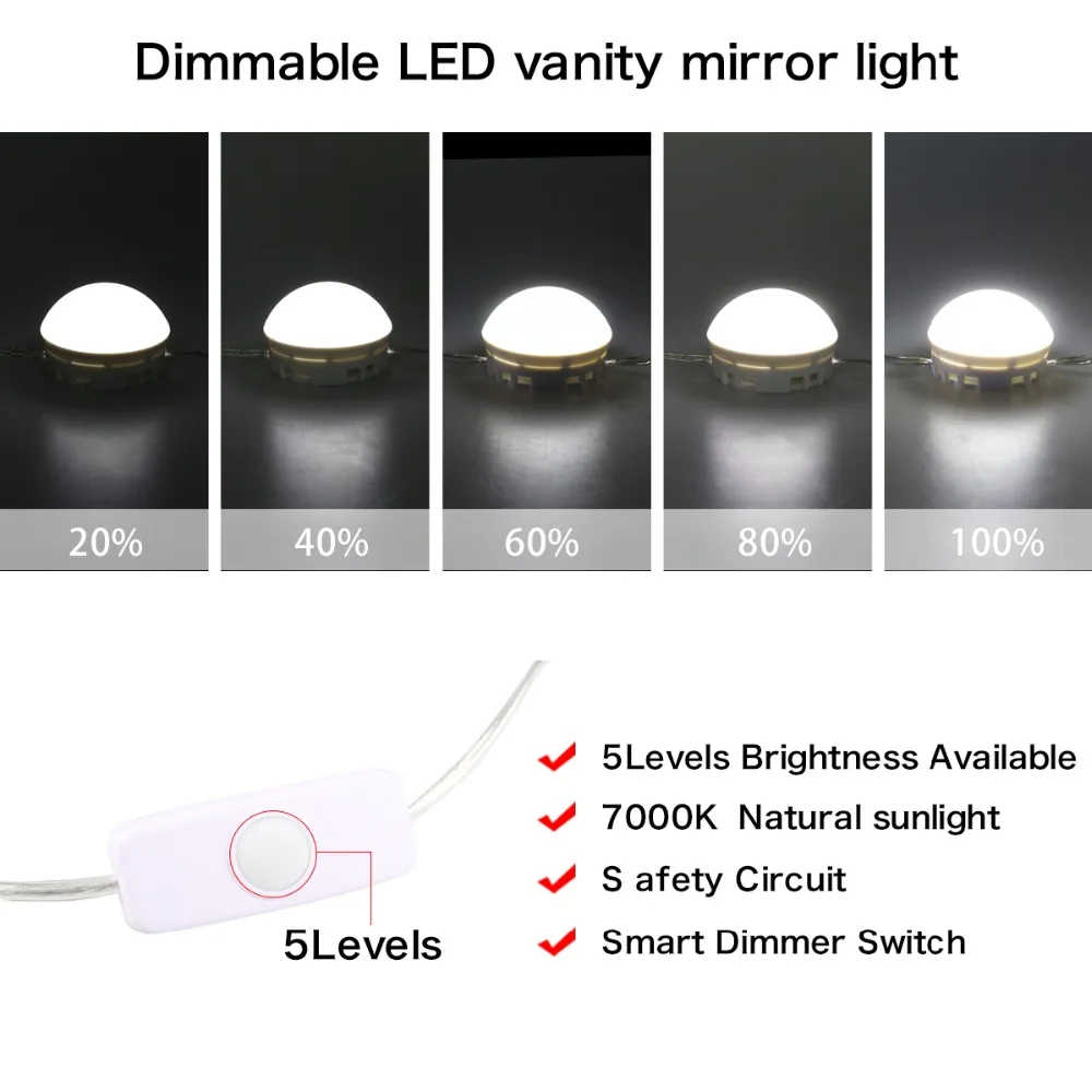 Vanity 360 Degree Makeup Mirror Light USB Powered LED Bulbs For Dressing Table with Dimmer Hollywood Bulb Linkable 16DA