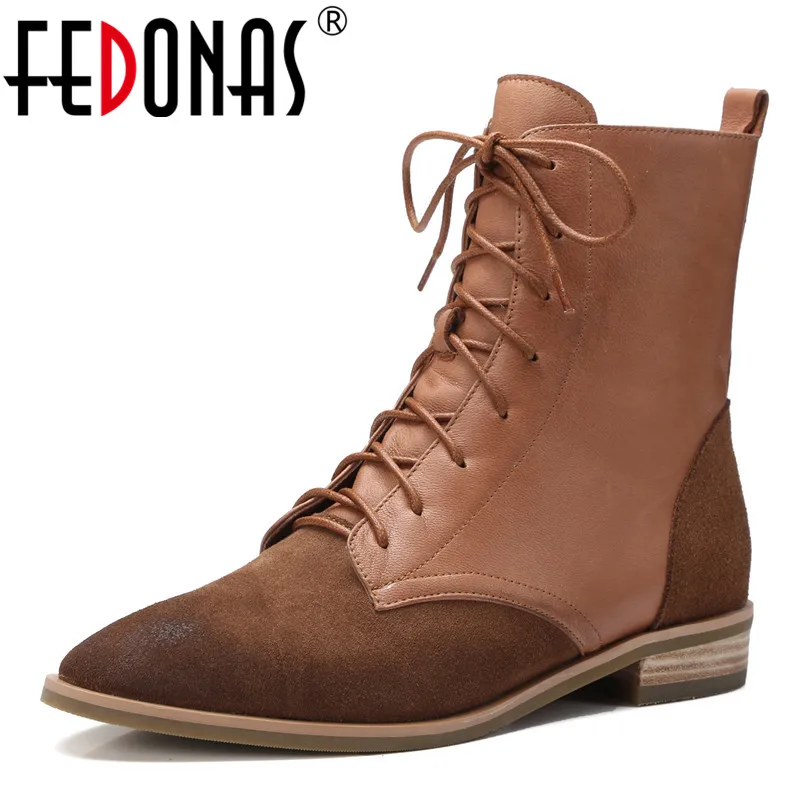

FEDONAS Retro Women Cow Suede Ankle Boots Pointed Toe Autumn Winter Short Martin Shoes Woman Quality Lace Up Motorcycle Boots