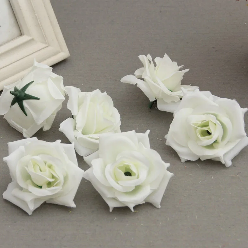 50 Pcs Fake Artificial Silk Rose Heads Flower Buds DIY Bouquet Home Wedding Craft Decor Supplies XB 66 - Цвет: White