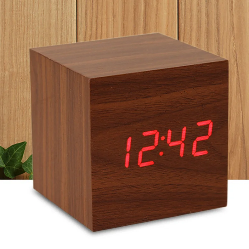 Square Desktop Table Digital Thermometer Clock Cube LED Wood Alarm