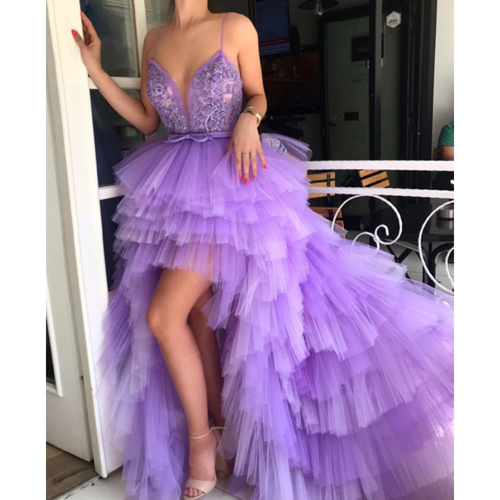 Фиолетовые платья для выпускного вечера с высокой передней и низкой спинкой