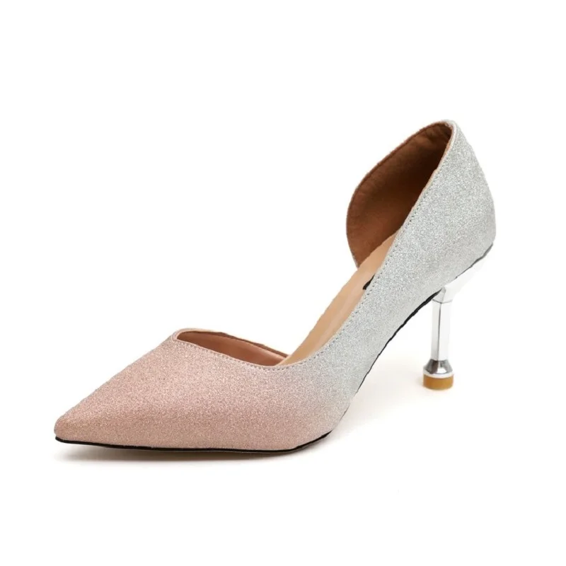 

Wedding color matching single shoes pointed 2019 new bride shoes crystal shoes small sequins powder silver high heels female fin