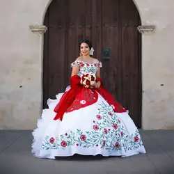 Vestido De Anos белый красный Вышивка Пышное Бальное Платье с открытыми плечами оборками из органзы Сладкий Свадебная вечеринка платье