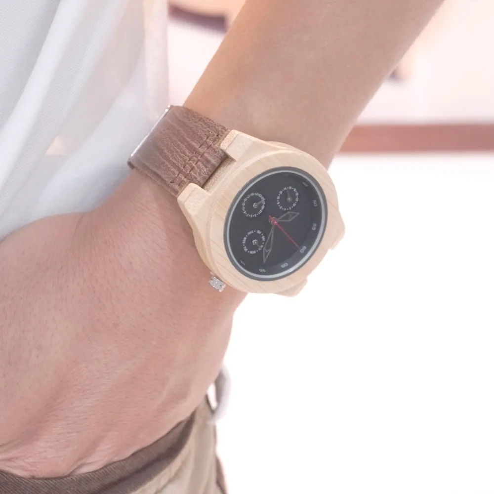 BOBO BIRD H28 Mens Wooden Bamboo Watch with Leather Band 3ATM Water Resistant Wristwatch Timepiece for Mens Womens in Box