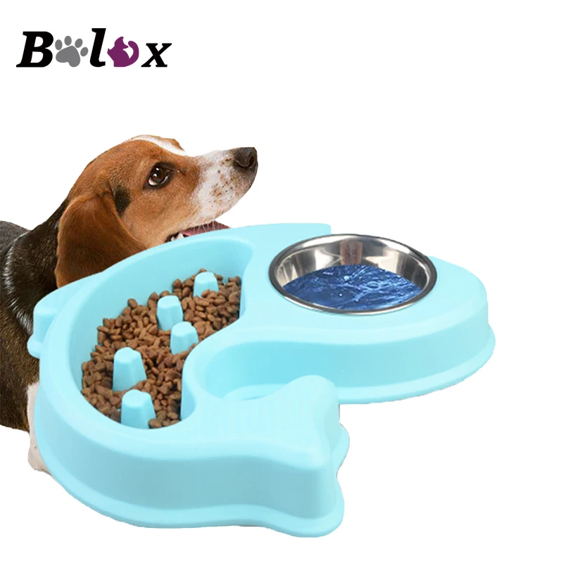 Dog Food Feeder 2 in 1 Drinking Water Fountain Feeding Bowls Anti-Choke Pet Dog Cat Dishes Stainess Steel Dog Slow Food Feeder