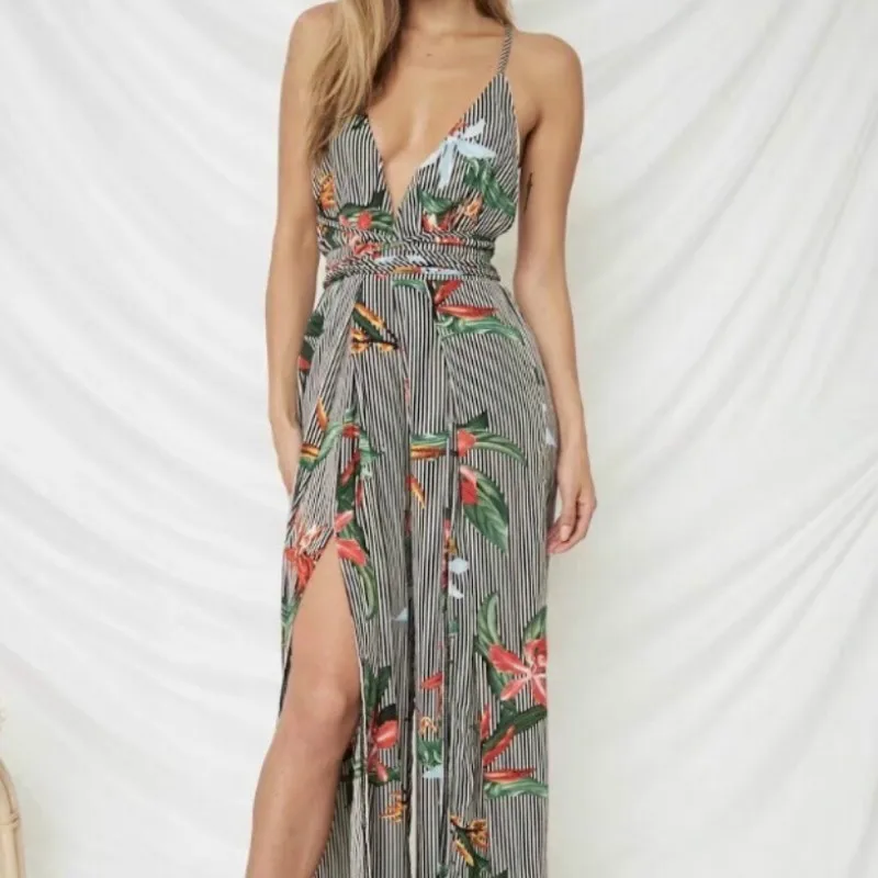Fashion Women Stripe Floral Print Romper Strap V-Neck Sexy Overalls Backless Summer Wide Leg Jumpsuits | Женская одежда