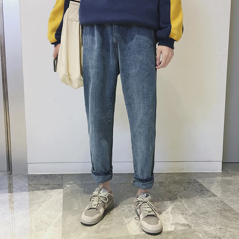 

2017 New Men's Korean Style Wide Leg Jeans Elastic Waist Solid Color High Quality Pants Loose Casual Fashion Trousers M-2XL