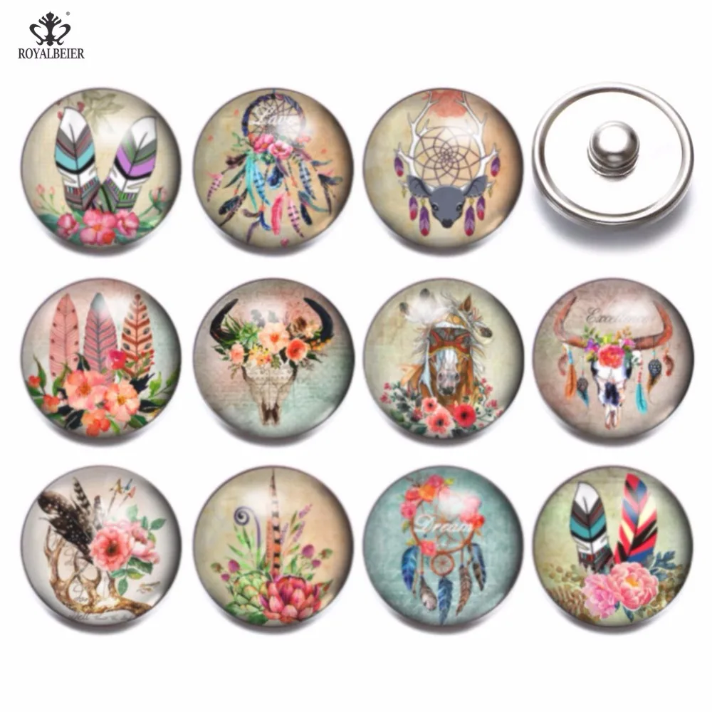 

RoyalBeier 12pcs/lot Multi Styles Vintage Ginger Glass Cabochon 18mm For DIY Snap Button Charms Bracelets & Bangles Jewelry