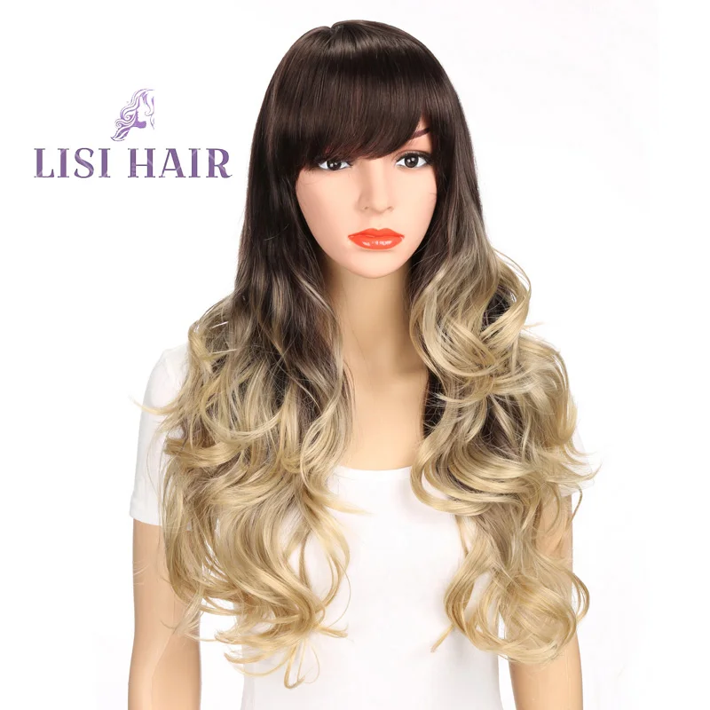 LISI HAIR 2" Высокая температура волокна челка парик Волнистые длинные волосы парики синтетические парики для женщин темно-коричневый смешанный блонд