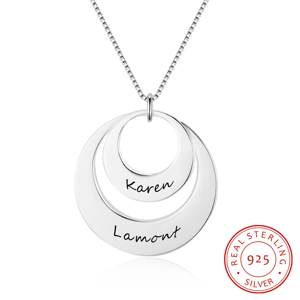 

Personalized Round Necklace 925 Sterling Silver Superimposed Hollow Pendants Engrave 2 Names Anniversary for Women（NE102381）