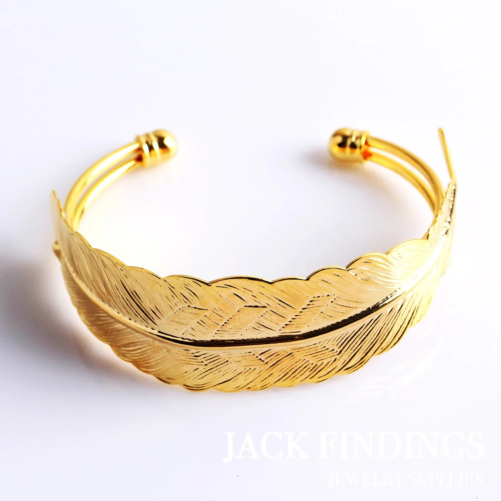 

High Quality Gold Plated Feather Leaf Bangle Base Bracelet Blank Findings Tray Bezel Setting Cabochon Cameo 2015