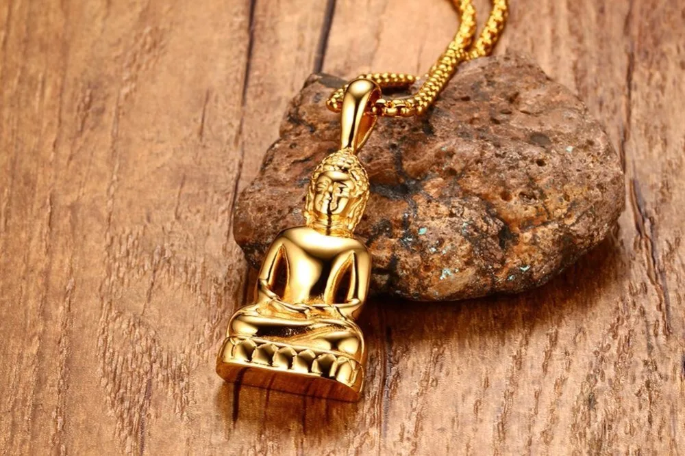 Mens Womens Buddha Pendant Necklace Bodhisattva Amulet Talisman Necklaces in Gold-color Stainless Steel Fashion Jewelry Men Accessories Fashion Jewelry Mens Accessories collares collier colar choker 17