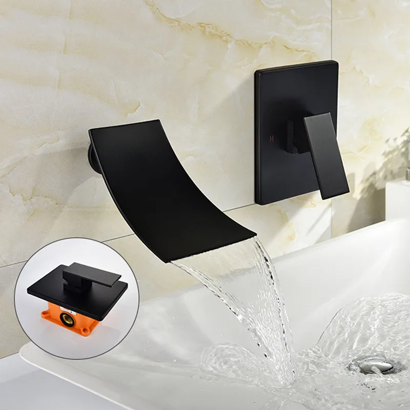 

Black, dark outfit enter wall type embedded box of bibcock of cold hot tap undercounter basin faucet falls on stage