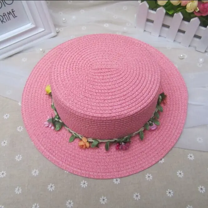Летние шапки для девочек модные однотонные детские шапки пляжная гирлянда соломенные шляпы окружность шляпы 53-54 см - Цвет: Adult pink