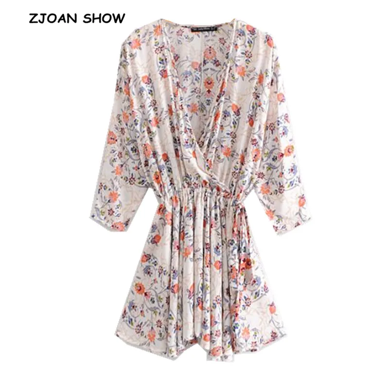 

2019 New Vintage Cross V neck Floral Print Women Dress Loose Cotton Bow tied Waist Bat sleeve Irregular Dresses Femme Vestido