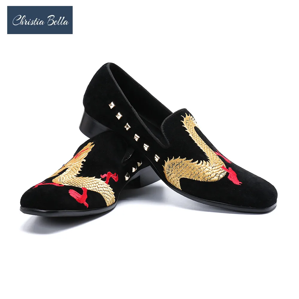 Christia Bella New Style Handmade Men Loafers with Dragon Embroidery Leather Insole Slip-on Fashion Party and Wedding Shoes | Обувь