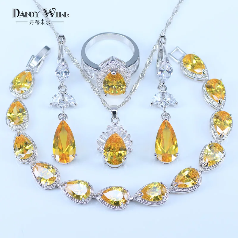 

Sparkling Yellow Cubic Zirconia Fashion Women 925 Stamp Silver Color Bracelets Pendant Drop Earrings Rings Necklace Jewelry Sets