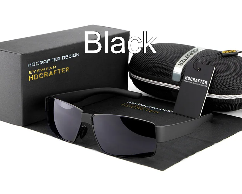 HDCRAFTER солнцезащитные очки мужские поляризованные очки для вождения винтажные уличные очки дизайнерские титановые ретро мужские очки с аксессуарами UV400 - Цвет линз: Черный