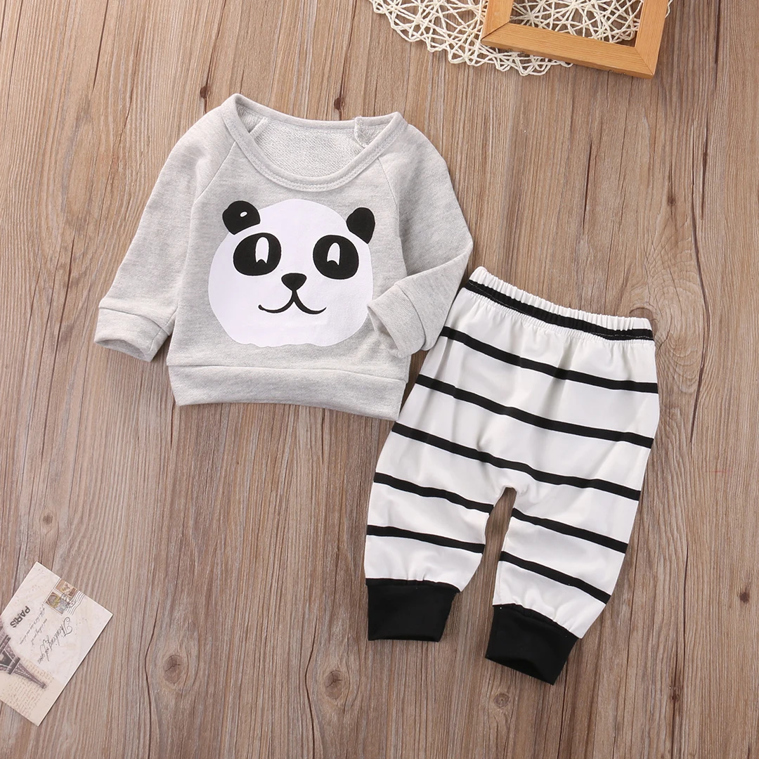 Комплект из 2 предметов, Милая футболка с длинными рукавами и рисунком панды для новорожденных мальчиков и девочек штаны в полоску, комплект одежды