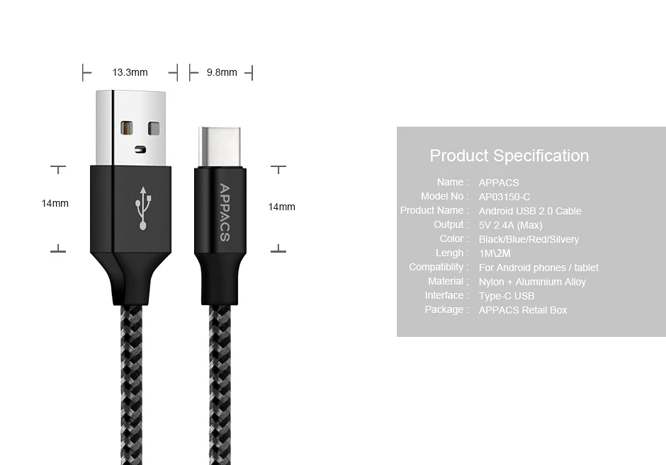 APPACS 2 шт Тип usb C кабель 2.4A Быстрый зарядный кабель для передачи данных для samsung S8 huawei P10/9 Xiaomi USB-C быстрое зарядное устройство для передачи данных кабель 1м 2М