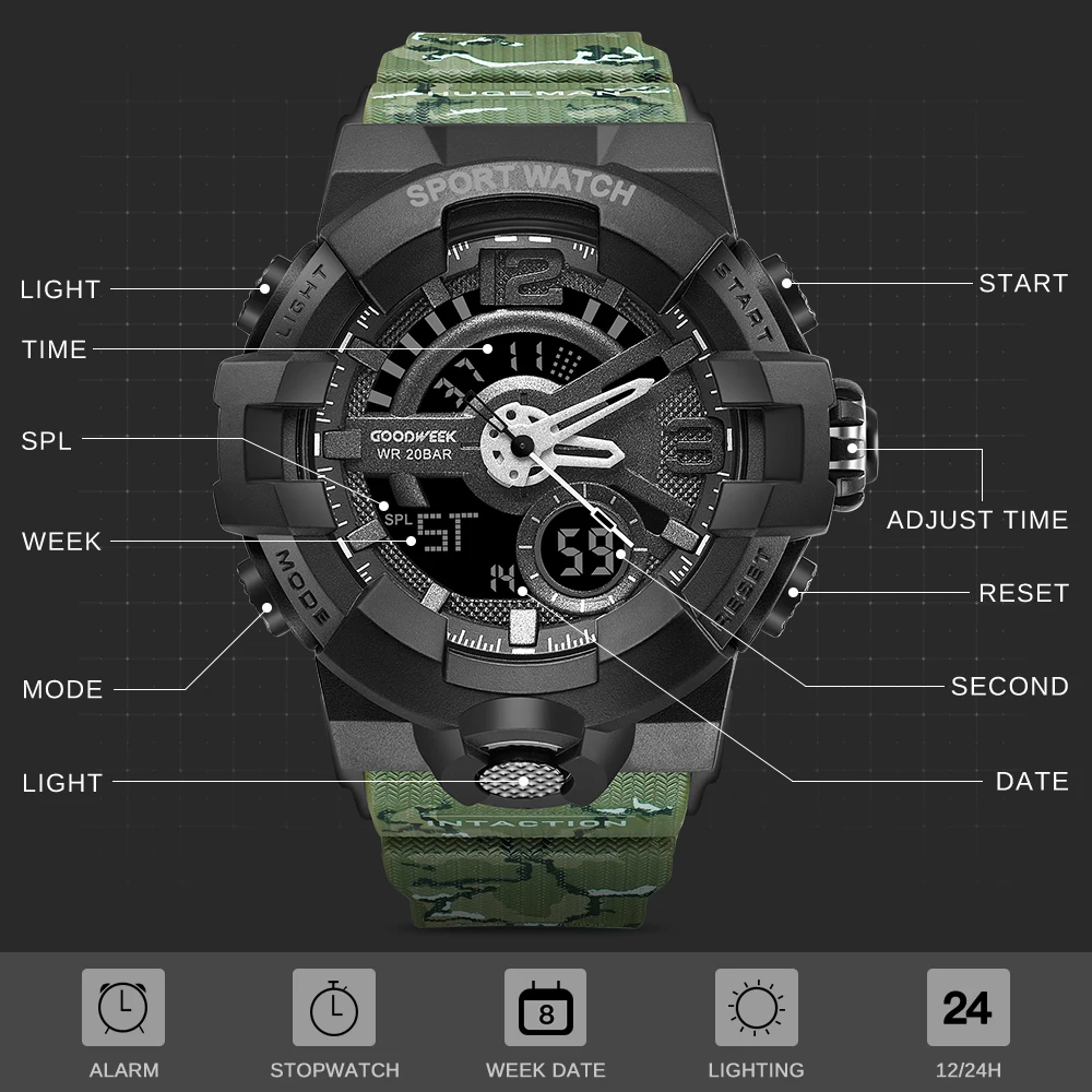 GOODWEEK Men Sport Watch Camouflage S Shock Military Watches Waterproof Multi-functional Dual Display Watches Relogio Masculino