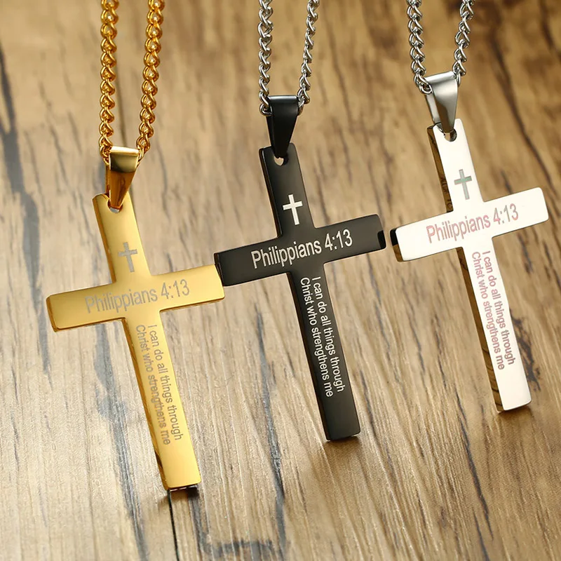

3 Color Titanium Steel Philippians 4:13 Christian Cross Prayer Pendants Necklaces for Men Fashion Casual jewelry Silver Black